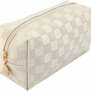 LYDZTION Checkered Small Makeup Bag for Women,Toiletry Bag Waterproof Cosmetic Bag with Zipper Portable Makeup Pouch Travel Essentials for Women Gifts-White