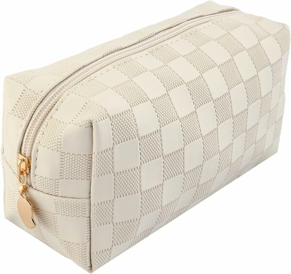 LYDZTION Checkered Small Makeup Bag for Women,Toiletry Bag Waterproof Cosmetic Bag with Zipper Portable Makeup Pouch Travel Essentials for Women Gifts-White